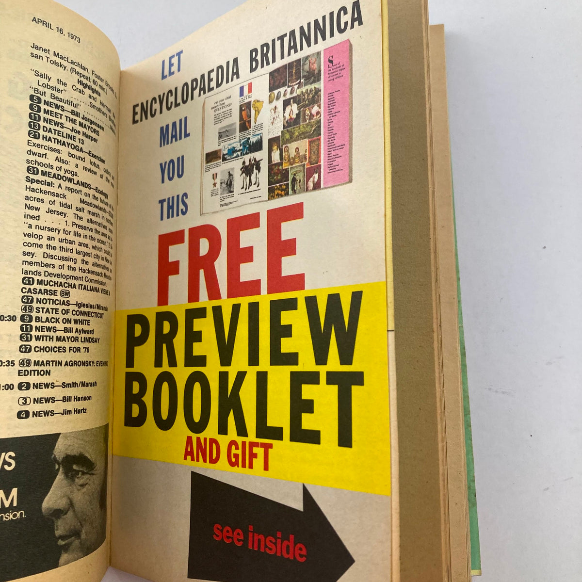 Ad page in TV Guide Magazine April 14 1973 #546 promoting a free preview booklet from Encyclopaedia Britannica, displaying bold graphics and text.