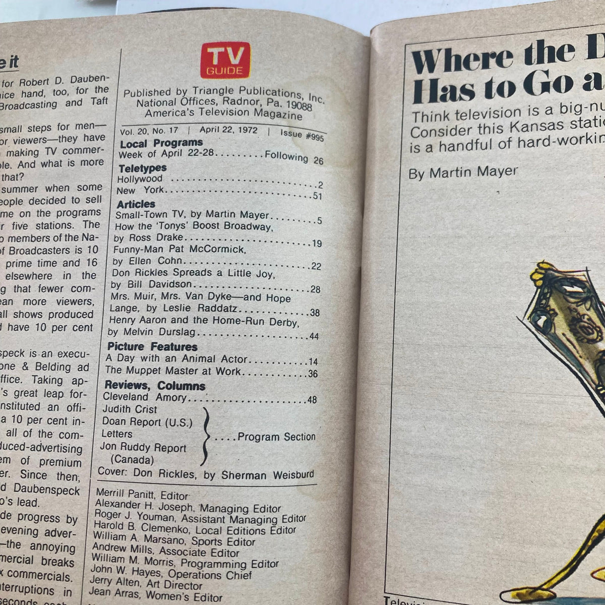 Inside page of TV Guide Magazine April 22 1972 #995, displaying the table of contents and articles related to television.