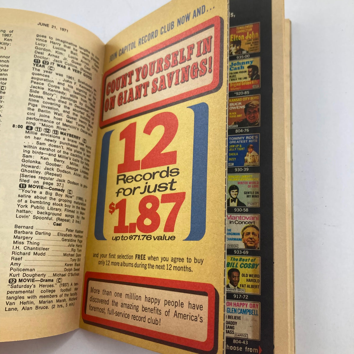 Advertisement page from TV Guide Magazine June 19 1971 promoting a record club, showcasing records for just $1.87, with a focus on music savings.