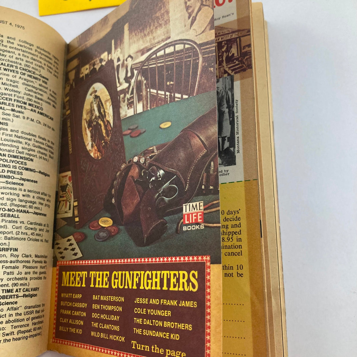 Interior page of TV Guide Magazine August 2 1975 featuring an advertisement for 'Meet the Gunfighters' from Time-Life Books, showcasing vintage memorabilia and classic Western characters.