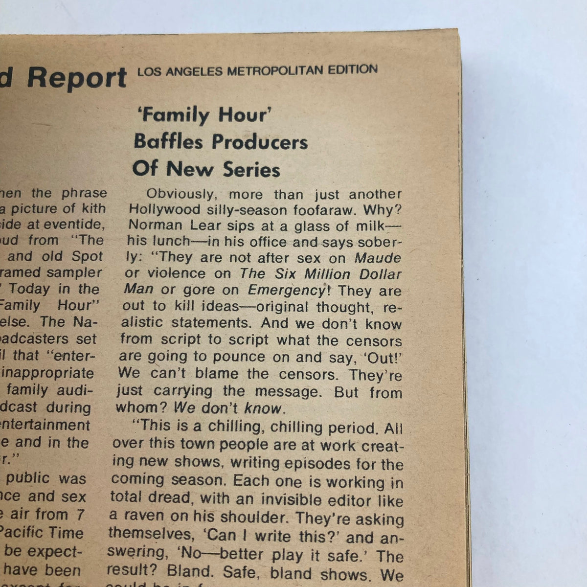 Article excerpt titled 'Family Hour' from TV Guide Magazine August 2 1975 discussing the challenges faced by Hollywood producers in creating new television series, highlighting insights from industry veteran Norman Lear.