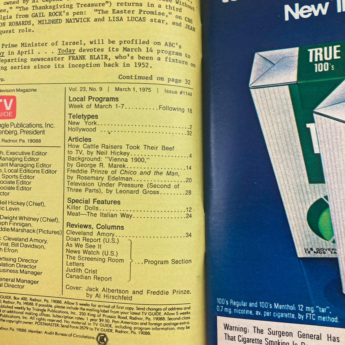 Interior page of TV Guide Magazine March 1, 1975 #1144 displaying show listings and articles including a feature on Freddie Prinze from 'Chico and the Man', showcasing the magazine's content structure from that era.