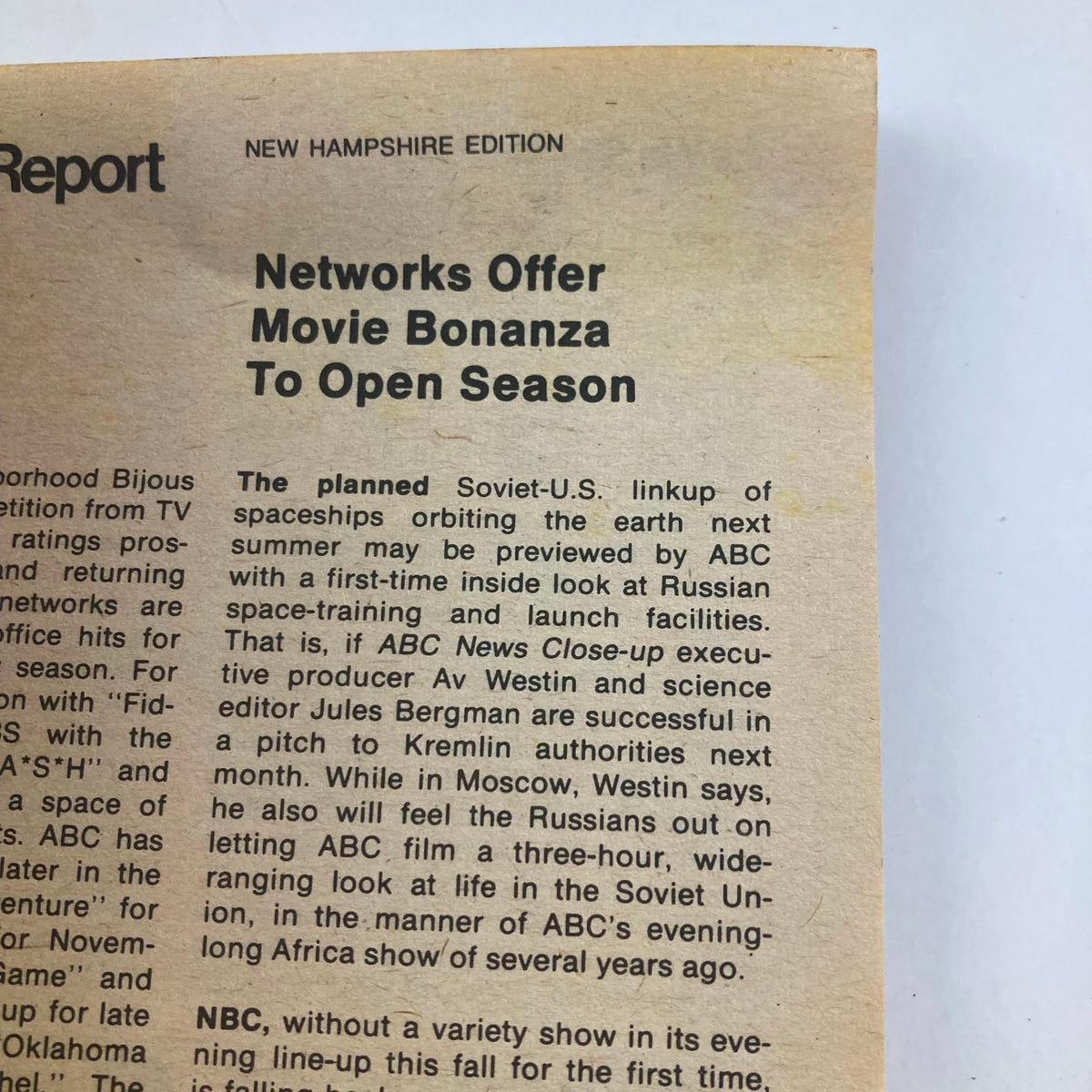 Network report from TV Guide Magazine August 24, 1974 #1117 featuring insights about the Soviet-U.S. linkup of spaceships for television broadcasts.