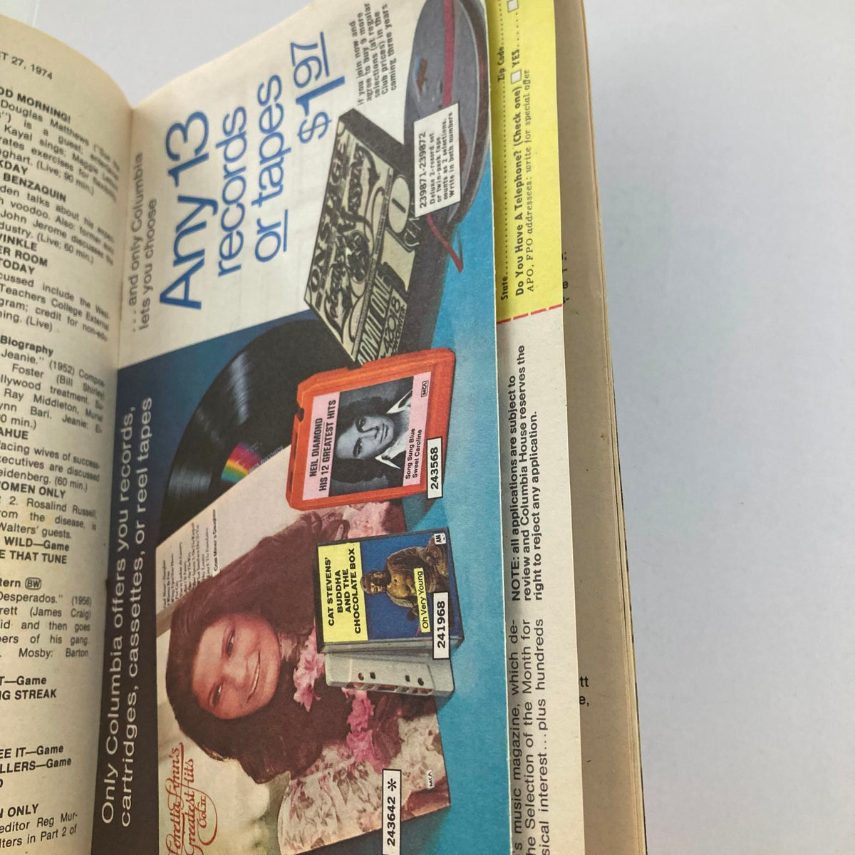 Advertisement for Columbia records and tapes from TV Guide Magazine August 24, 1974 #1117 showcasing a promotional offer alongside a colorful display of music products.