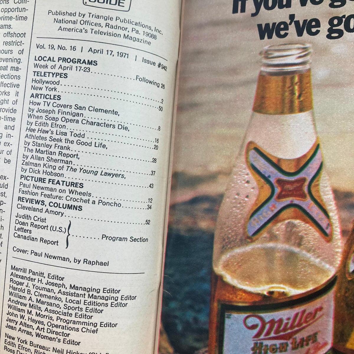 Interior page of TV Guide Magazine April 17 1971 #942, showing the table of contents, highlighting features related to Paul Newman and other local programming.