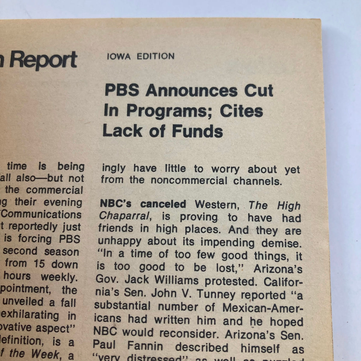 Close-up of an article from TV Guide Magazine April 17 1971 #942 Paul Newman Iowa Edition discussing PBS funding cuts in programs.
