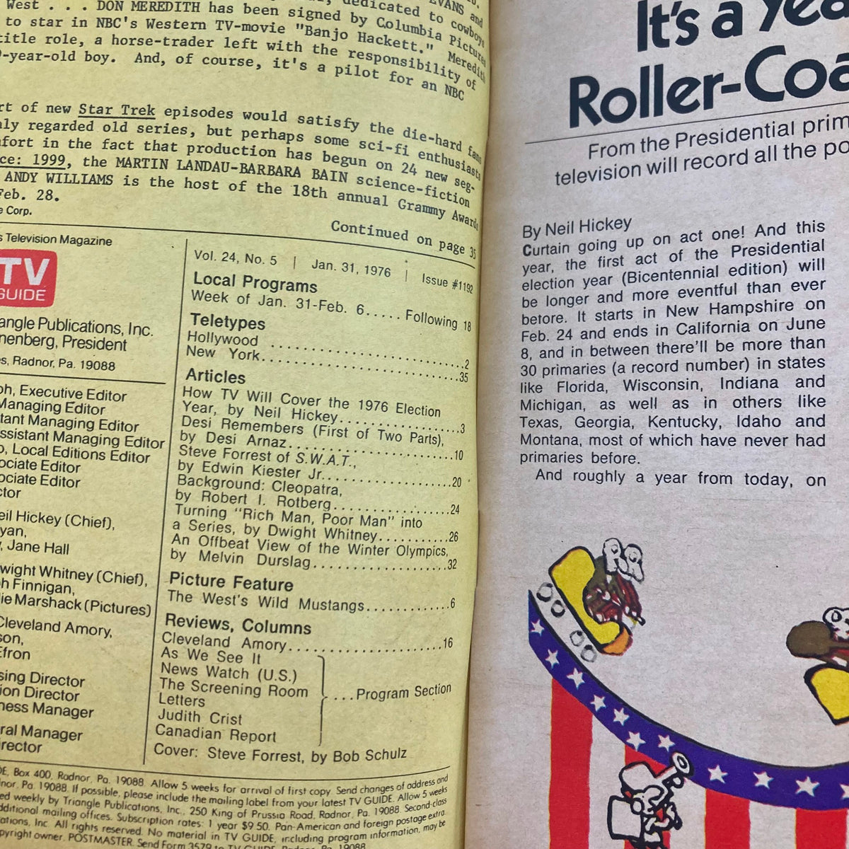 Interior page from TV Guide Magazine January 31 1976 showcasing program listings and articles, highlighting Steve Forrest on the cover.
