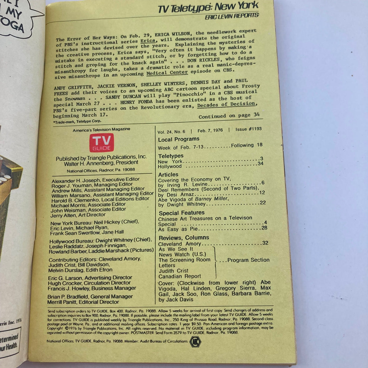Inside page of TV Guide Magazine February 7 1976 #1193 featuring television listings and articles about shows including Barney Miller and special features.