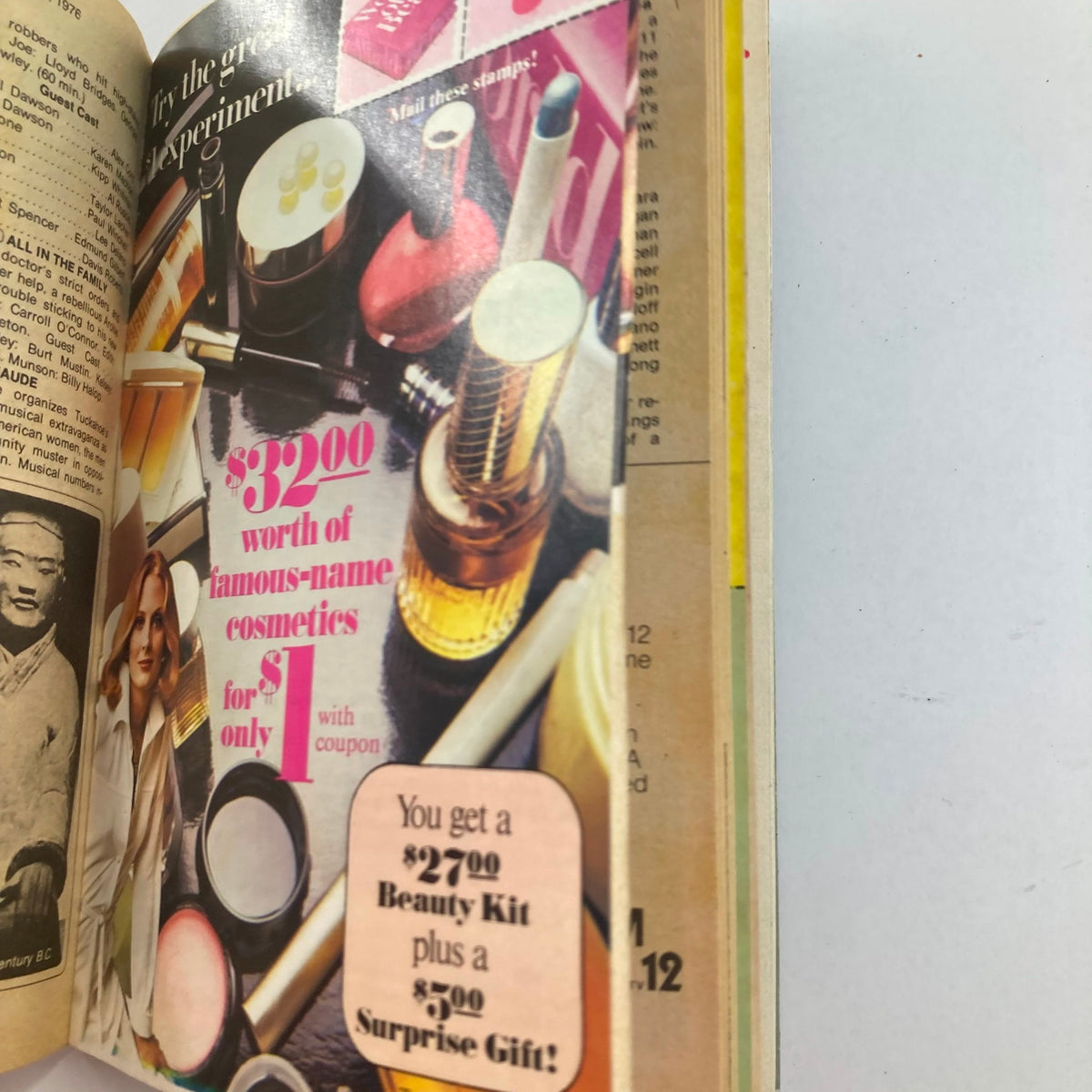 Ad page in TV Guide Magazine February 7 1976 #1193 showcasing a promotion for cosmetics worth $32.00 for $1 with a coupon, highlighting beauty products.