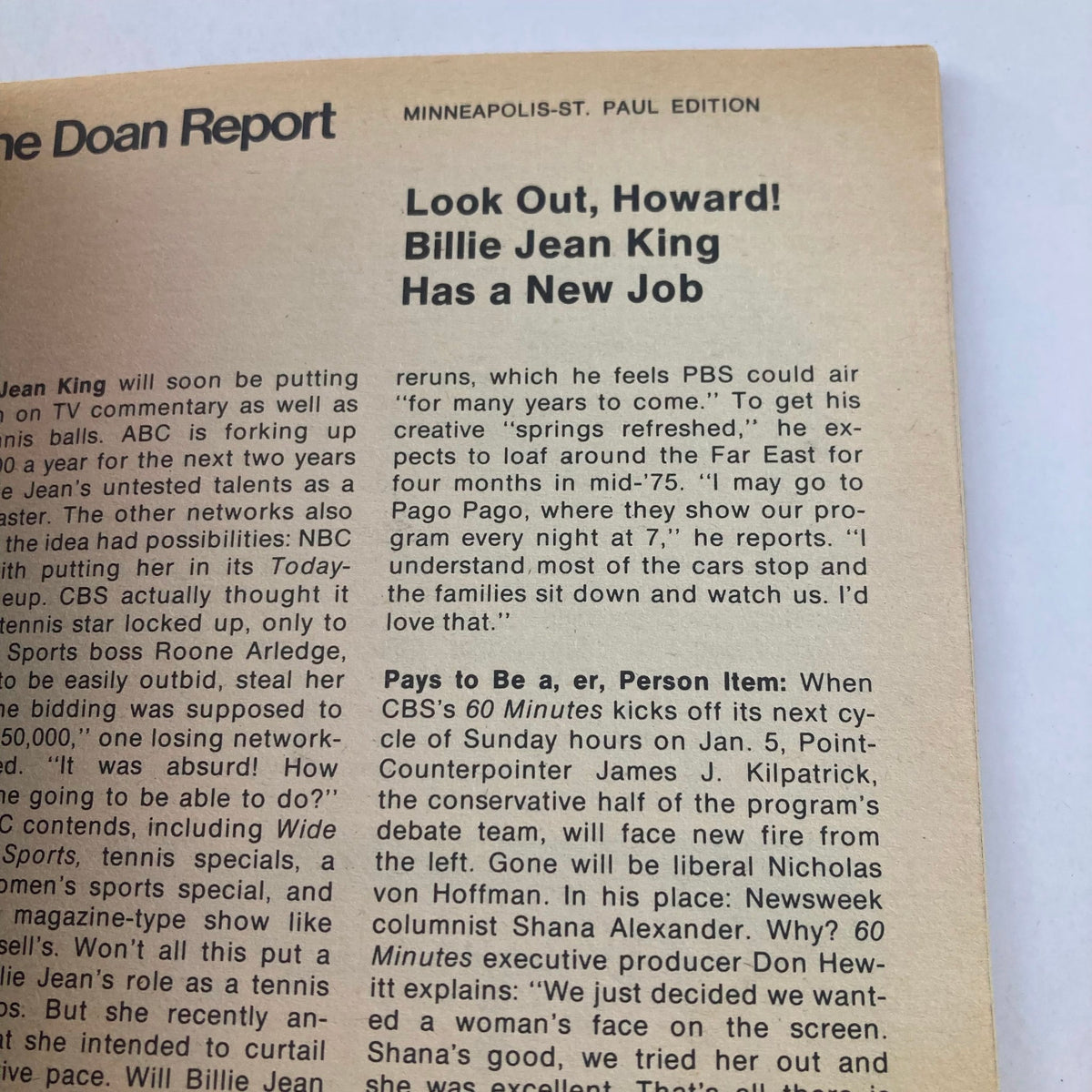 Article page from TV Guide Magazine December 28 1974 Issue #1135 featuring 'The Doan Report' discussing Billie Jean King's new role in commentary, providing a glimpse into the sports and entertainment dialogue of the 1970s.