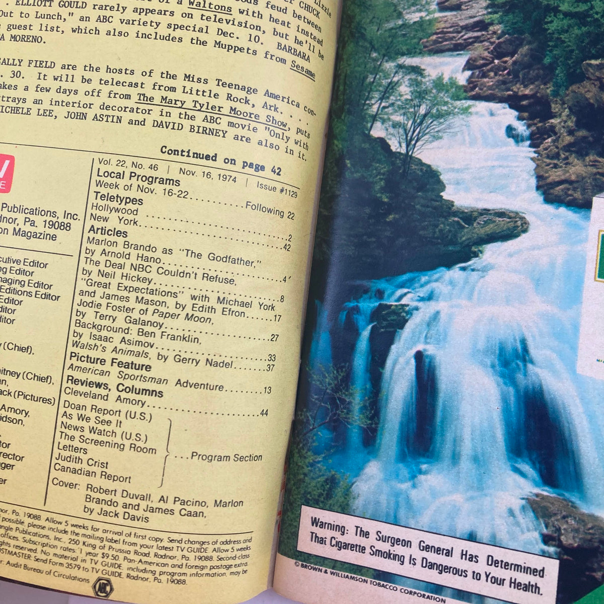Inside page of TV Guide Magazine November 16, 1974, Issue #1129 showing local programs and articles, highlighting content related to The Godfather.