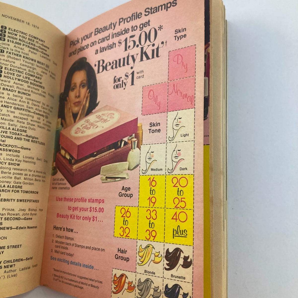 Advertisement from TV Guide Magazine November 16, 1974, Issue #1129 promoting a beauty profile stamp kit, showcasing advertising styles of the 1970s.