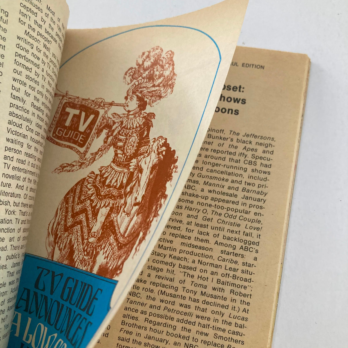 Interior feature of TV Guide Magazine November 16, 1974, Issue #1129 displaying an illustration and article discussions on television trends of the era.