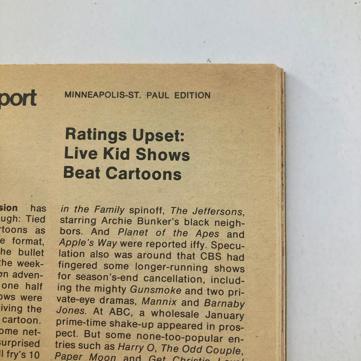 Page from TV Guide Magazine November 16 1974 Issue #1129 featuring an article headline 'Ratings Upset: Live Kid Shows Beat Cartoons', providing insights into television programming trends of the 1970s.