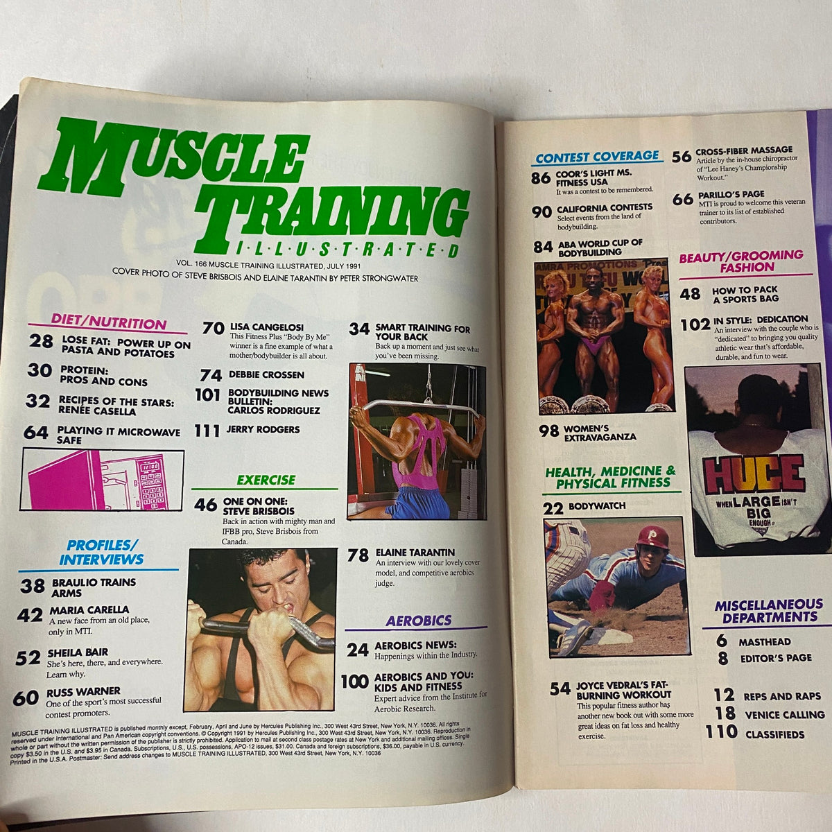 Inside page of Muscle Training Illustrated July 1991 Vol 166 displaying the table of contents including sections on diet, interviews, and aerobics, highlighting contributors like Maria Carella and Elaine Tarantin.