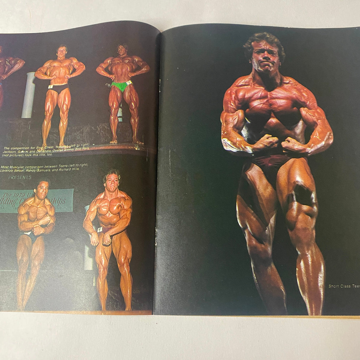 Muscle Up Magazine February 1980 showcasing a full-page action shot of bodybuilders, including notable poses from the 1979 Mr. USA Competition.