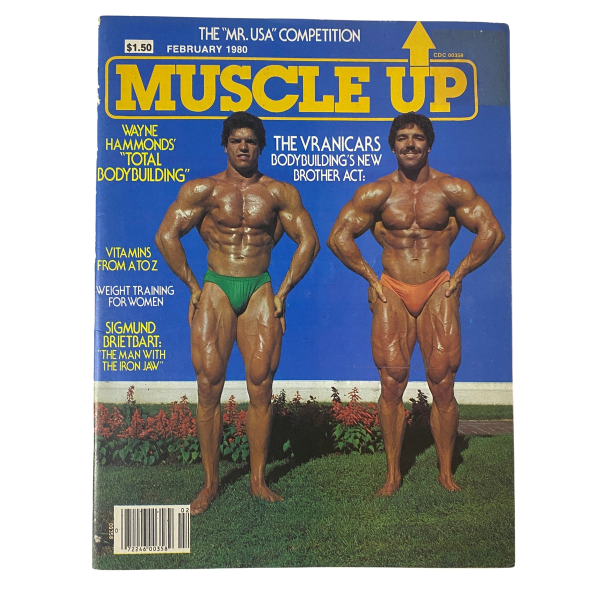 Muscle Up Magazine February 1980 cover featuring Marty and Peter Vranicar showcasing bodybuilding, highlighting the 'Mr. USA' competition and wellness topics.