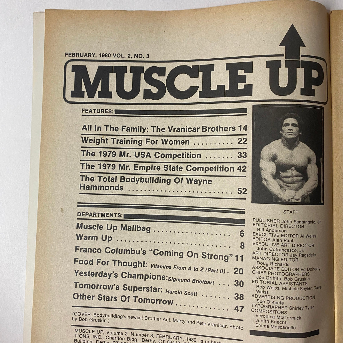 Inside page of Muscle Up Magazine February 1980 listing features and departments, including 'The Vranicar Brothers' and 'Weight Training for Women'.