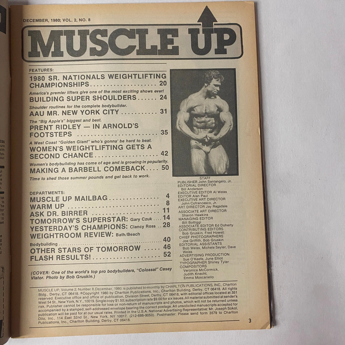 Inside page of Muscle Up Magazine December 1980 Vol 2 No 8 displaying the table of contents, highlighting features on weightlifting championships and training tips.