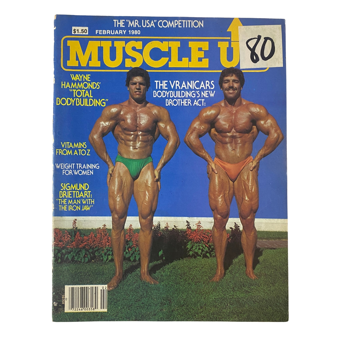 Cover of Muscle Up Magazine February 1980 featuring bodybuilding brothers Marty and Peter Vranicar, showcasing their physiques with vibrant colors.