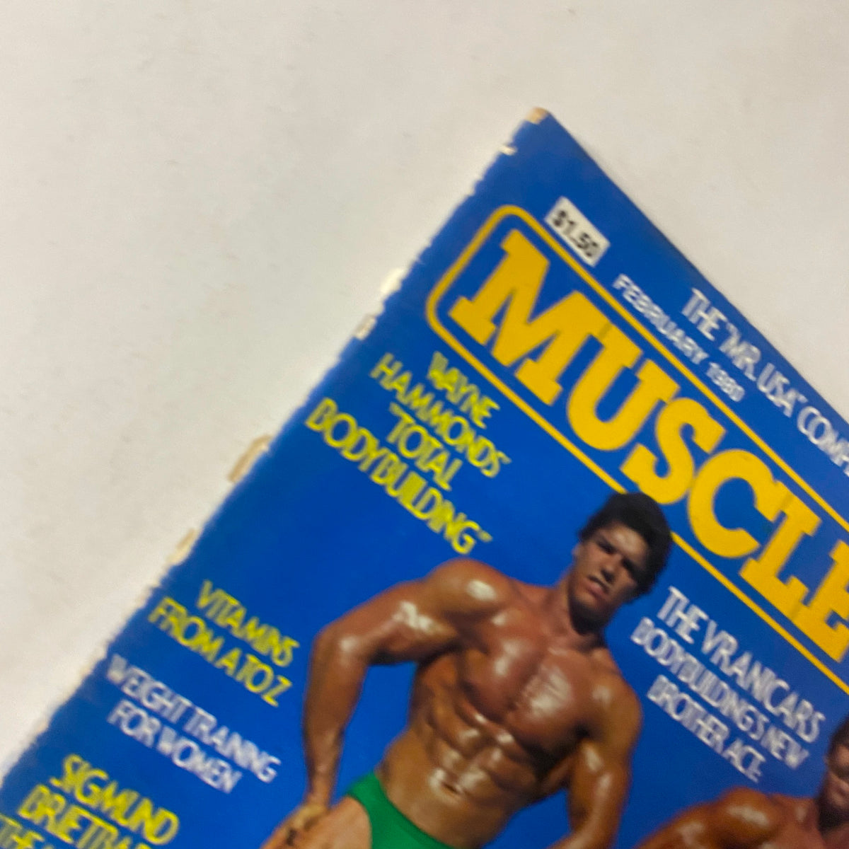 Close-up of the top section of Muscle Up Magazine February 1980 with details highlighting Wayne Hammond's Total Bodybuilding and additional features.