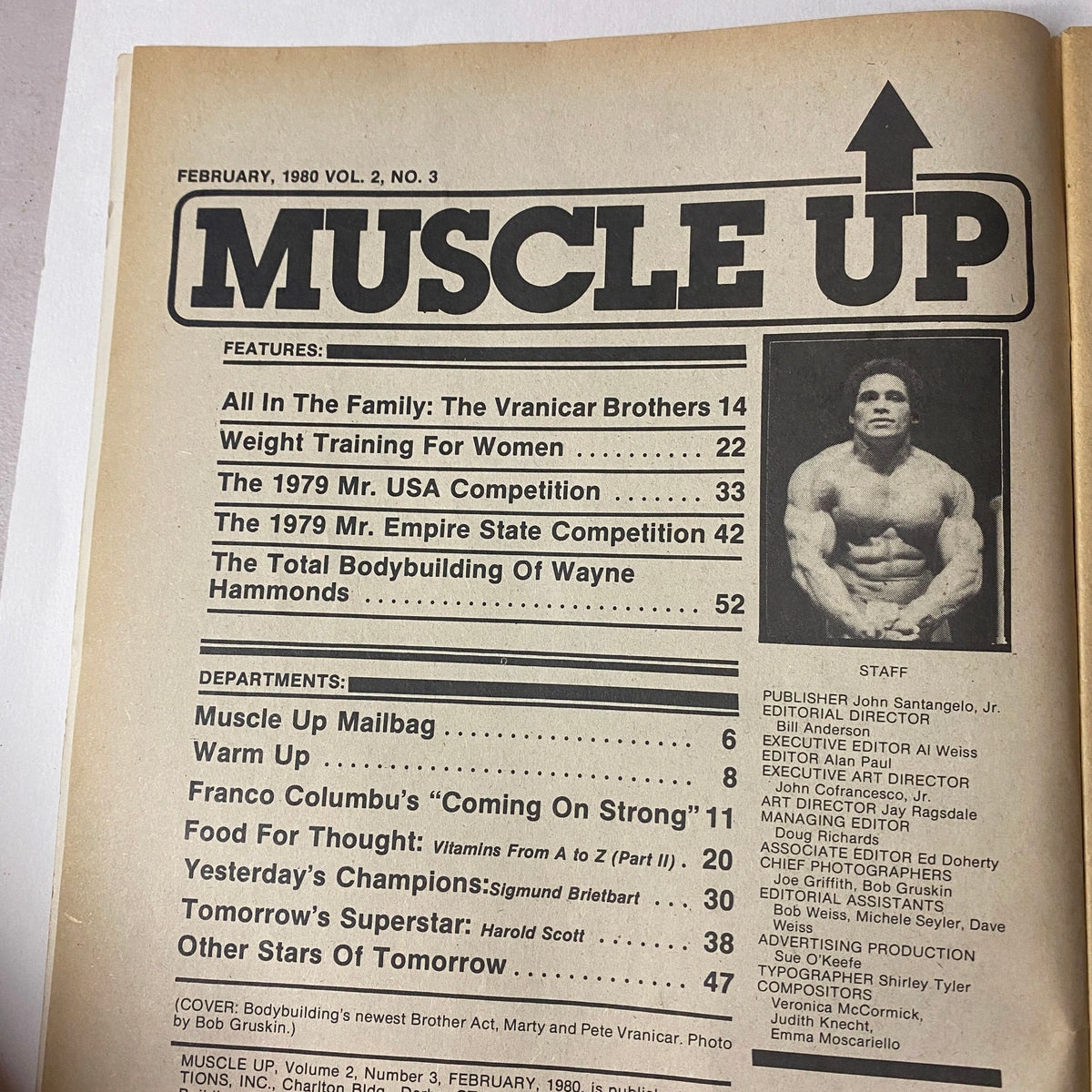 Table of contents from Muscle Up Magazine February 1980 detailing features and departments, including All In The Family: The Vranicar Brothers.