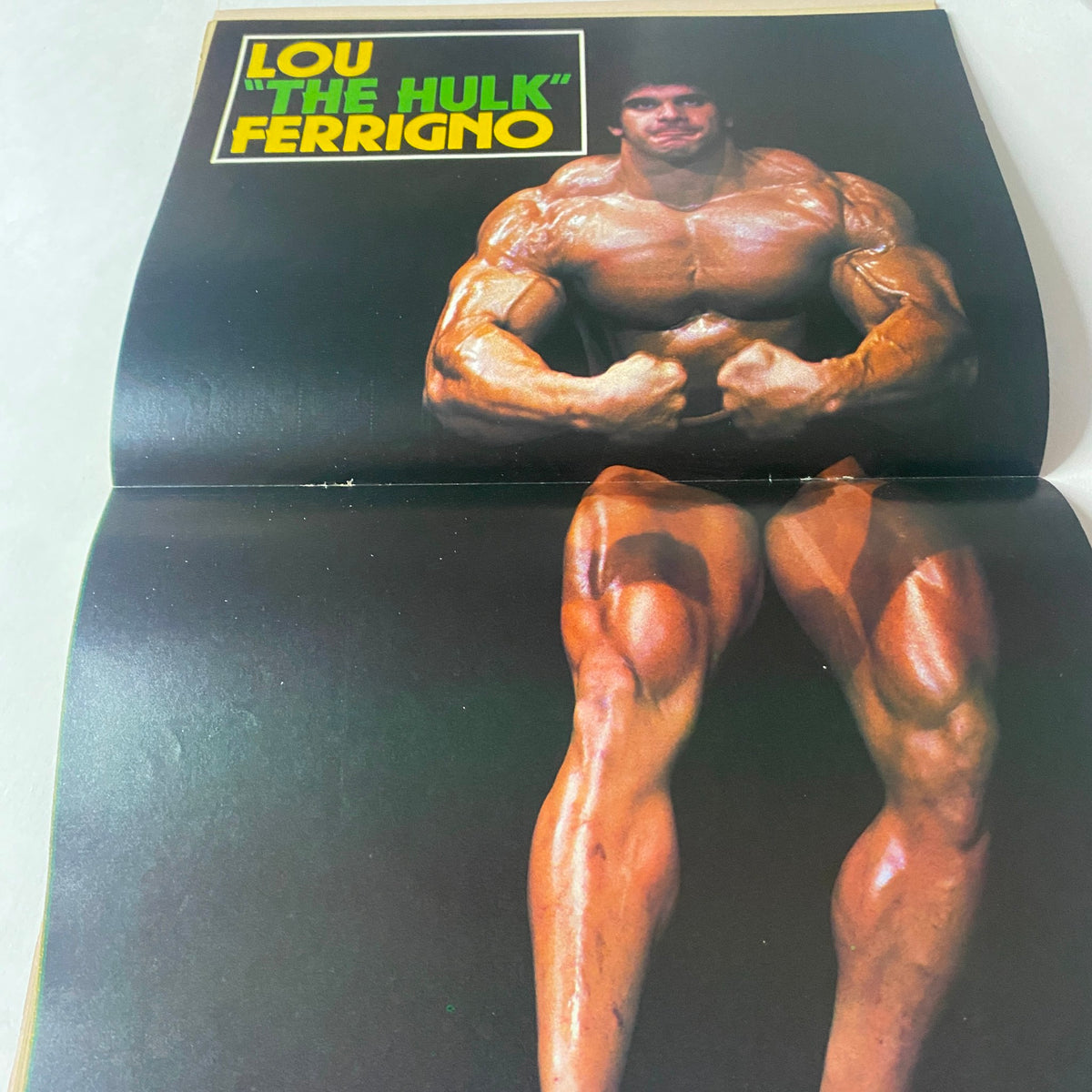 Color centerfold in Muscle Up Magazine April 1980 Vol 2 No. 4 featuring Lou 'The Hulk' Ferrigno posing to highlight his muscular physique.