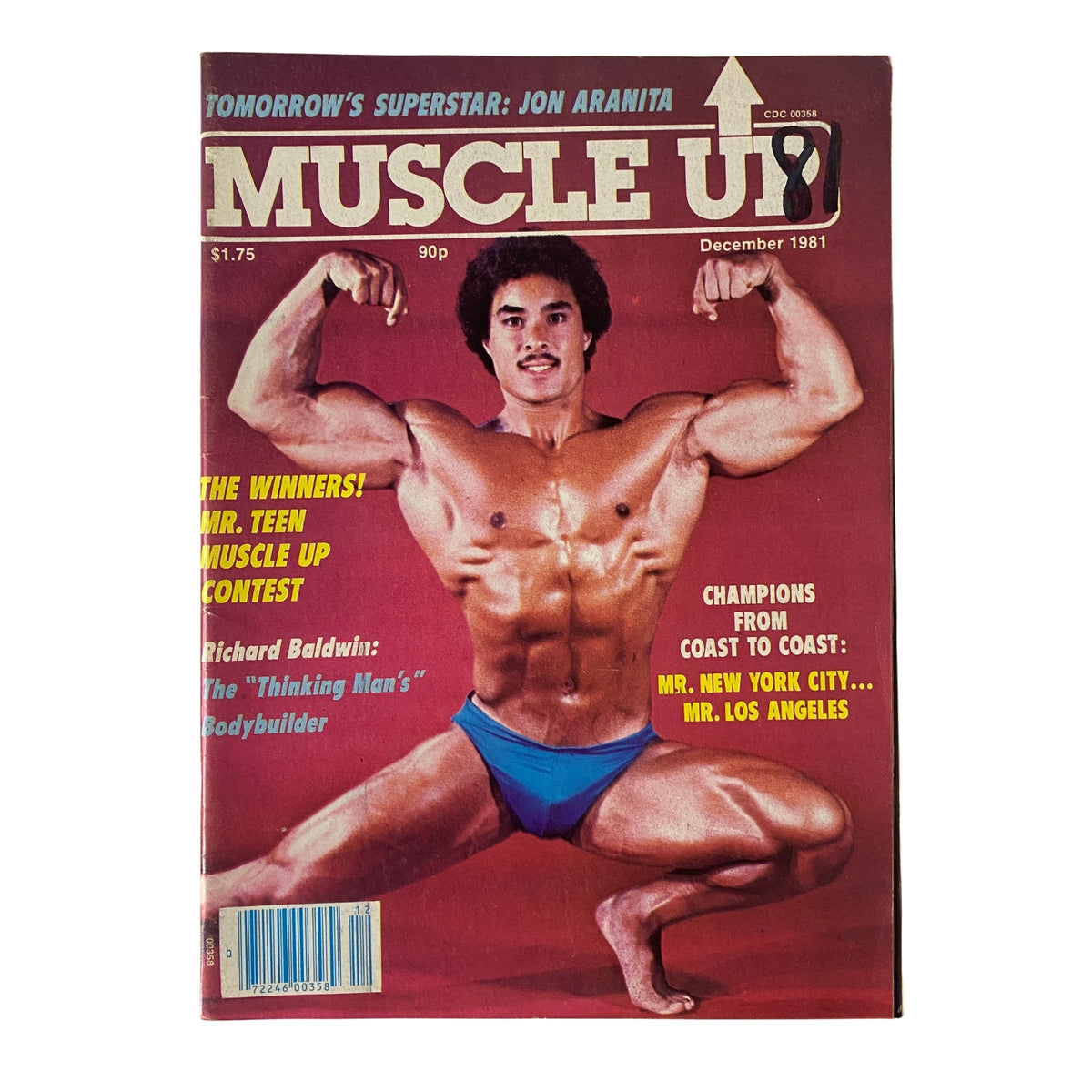 Cover of Muscle Up Magazine December 1981 Vol 3 No 14 featuring Jon Aranita as 'Tomorrow's Superstar', showcasing bodybuilding competition highlights and articles.