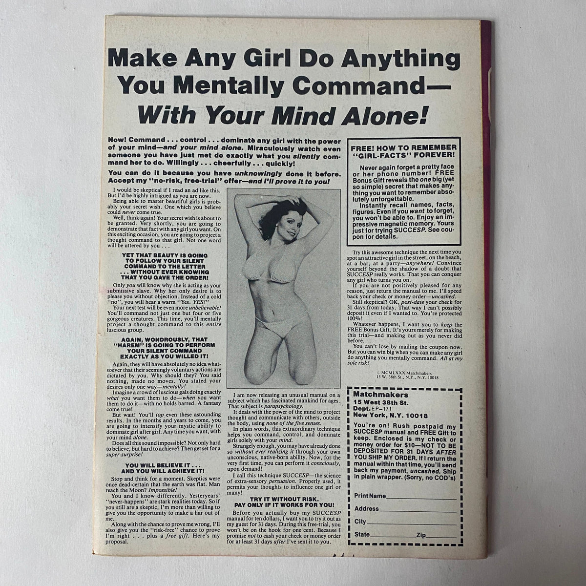 Back cover of Muscle Up Magazine December 1981 with an advertisement concept discussing mental control and persuasion techniques.