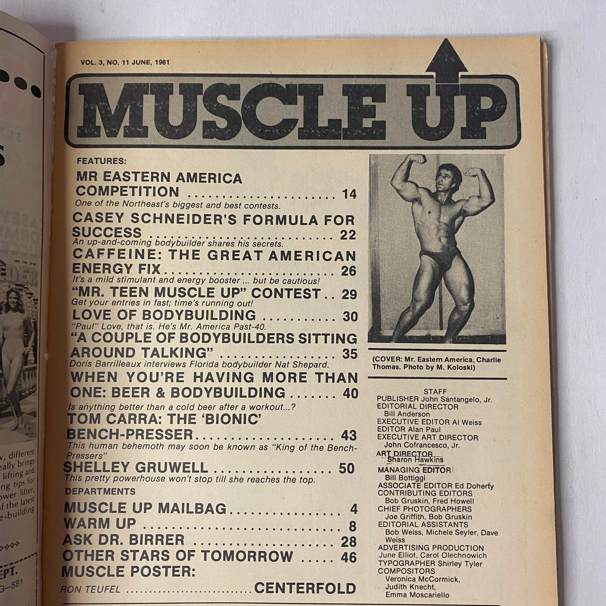 Interior page of Muscle Up Magazine June 1981 Vol 3 No 11 displaying the table of contents, outlining featured articles on bodybuilding and fitness.