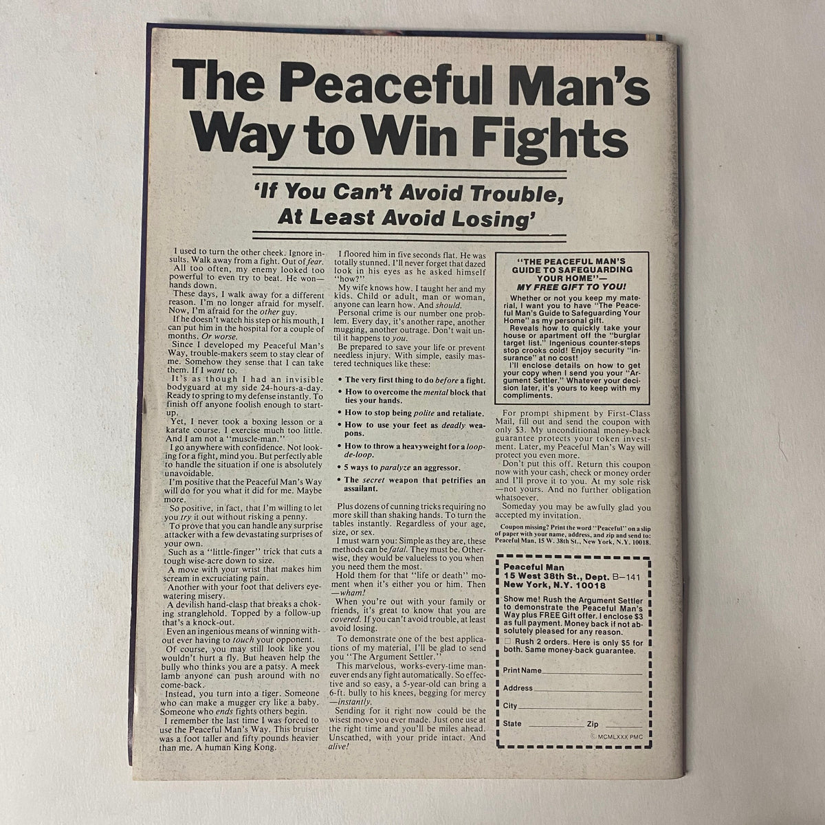 Back cover of Muscle Up Magazine April 1981 Vol 3 No. 10 displaying an article titled 'The Peaceful Man's Way to Win Fights'. The layout highlights a classic retro design.