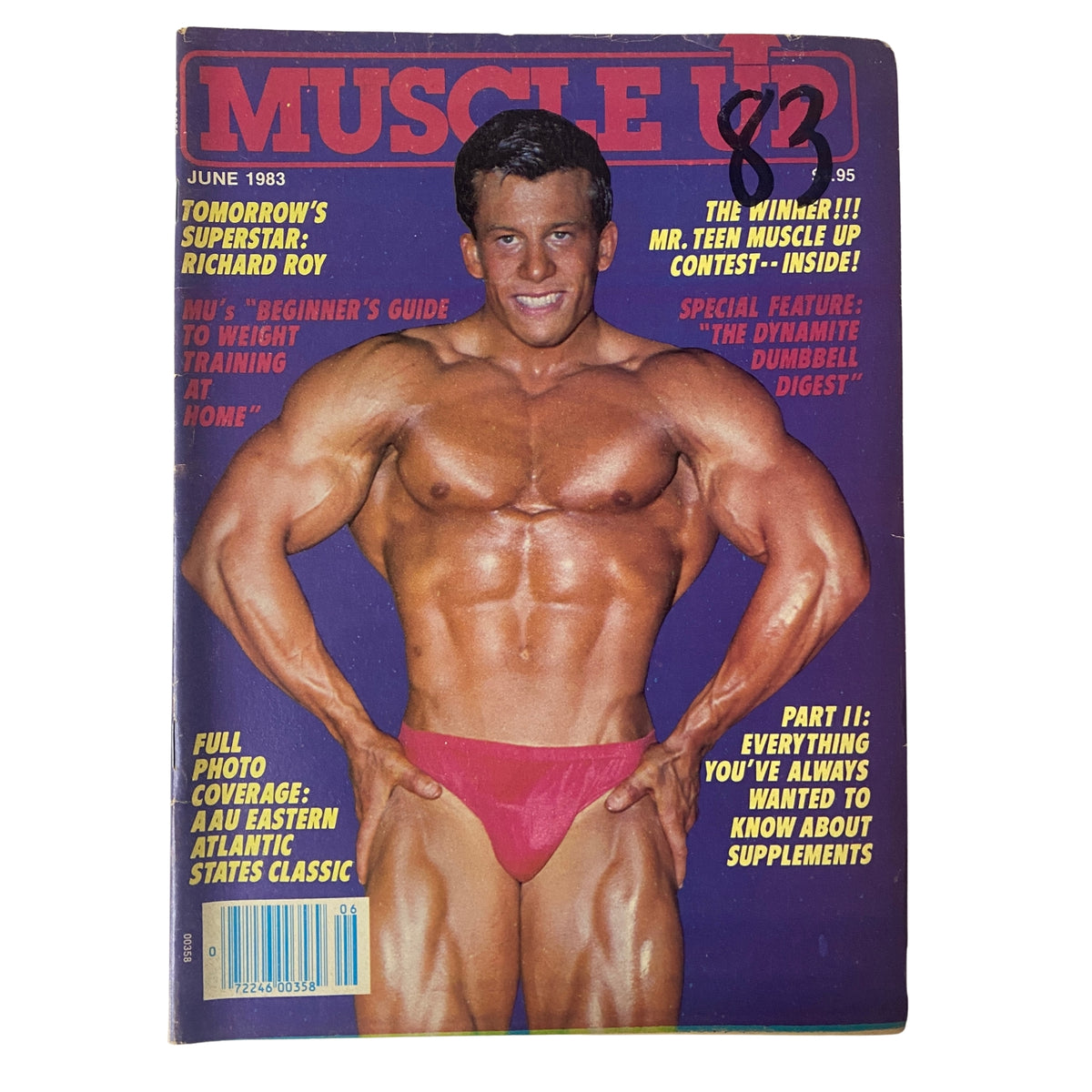 Cover of Muscle Up Magazine June 1983 Vol 5 No. 23 featuring Richard Roy showcasing his physique in a red swimsuit, highlighting the month's focus on fitness and bodybuilding.