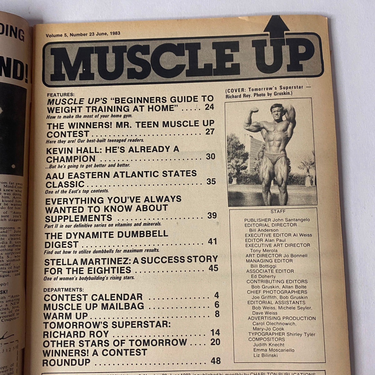 Inside page of Muscle Up Magazine June 1983 detailing the table of contents including articles on bodybuilding techniques, contests, and training, with Richard Roy featured as Tomorrow's Superstar.