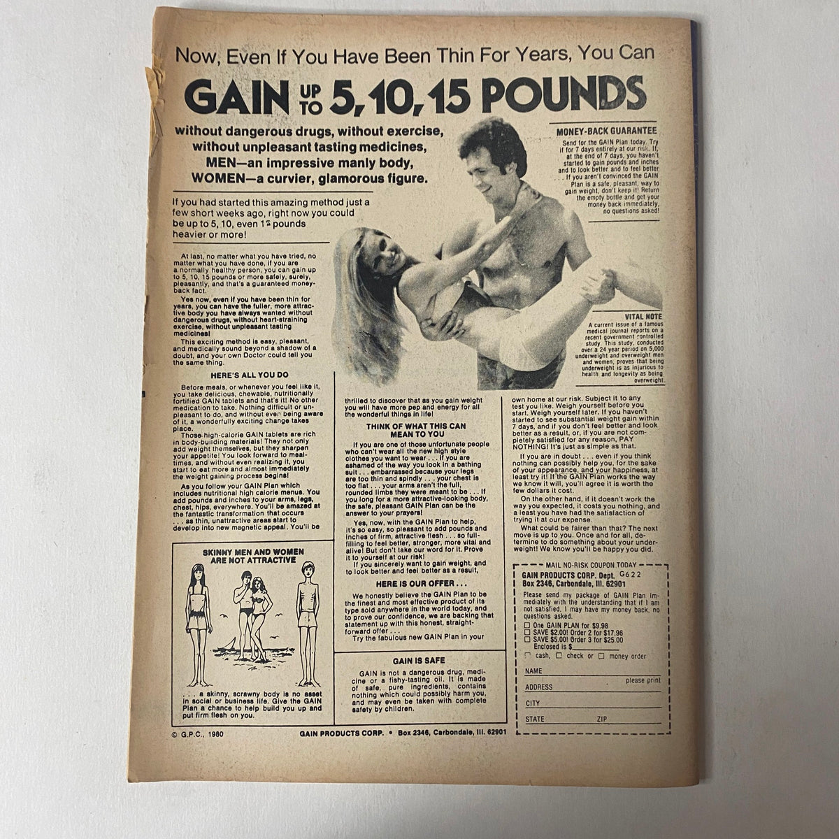 Back cover of Muscle Up Magazine June 1983 Vol 5 No 23, displaying an advertisement promoting weight gain for men and women with a simple guide, highlighting fitness and bodybuilding themes.
