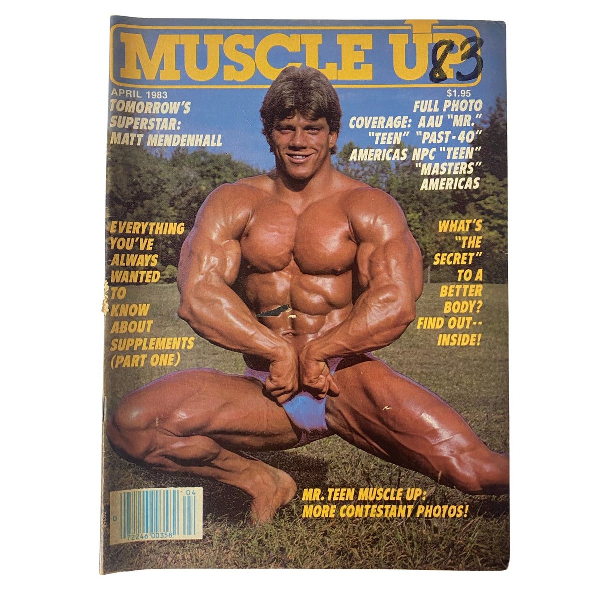 Cover of Muscle Up Magazine April 1983 Vol 5 No. 22 featuring Tomorrow's Superstar Matt Mendenhall showcasing a muscular physique in a bodybuilding pose.