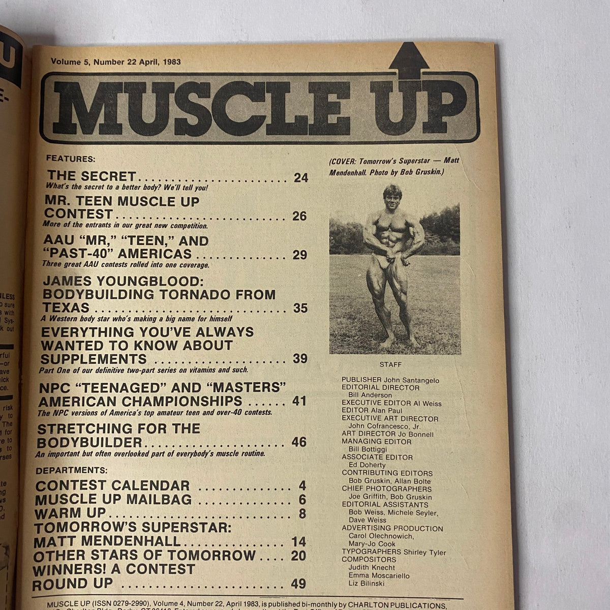 Table of contents of Muscle Up Magazine April 1983 Vol 5 No. 22 listing articles and features including a spotlight on Matt Mendenhall.