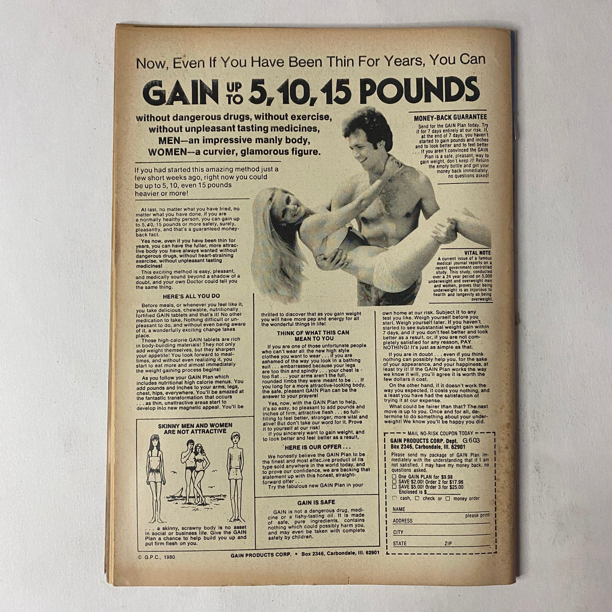 Back cover of Muscle Up Magazine April 1983 Vol 5 No. 22 promoting weight gain solutions with a focus on achieving a muscular physique.
