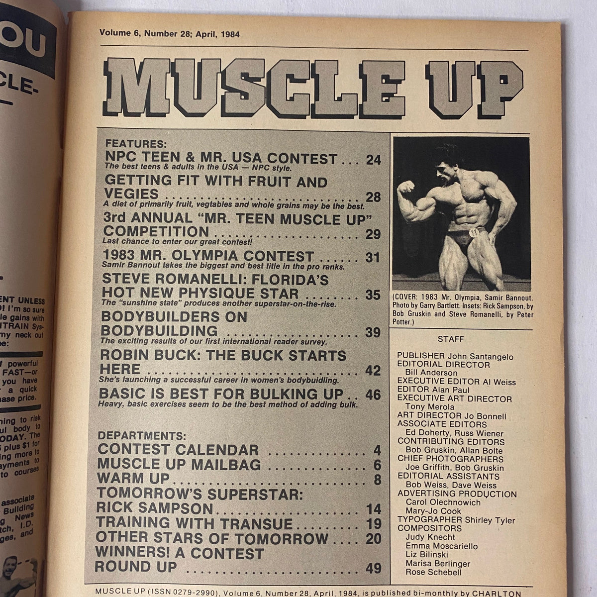 Table of contents from Muscle Up Magazine April 1984 Vol 6 No 28, highlighting key articles including NPC Teen & Mr. USA Contest and features on bodybuilding.