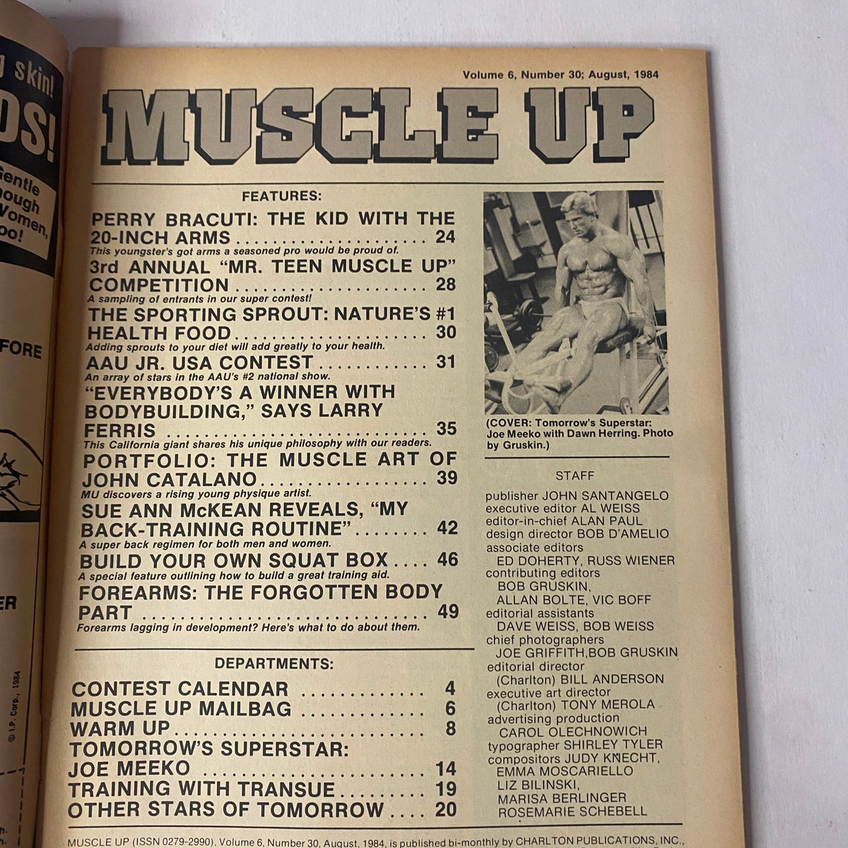 Table of Contents for Muscle Up Magazine August 1984 Vol 6 No 30, highlighting features like Perry Bracuti and the Mr. Teen Muscle Up competition.