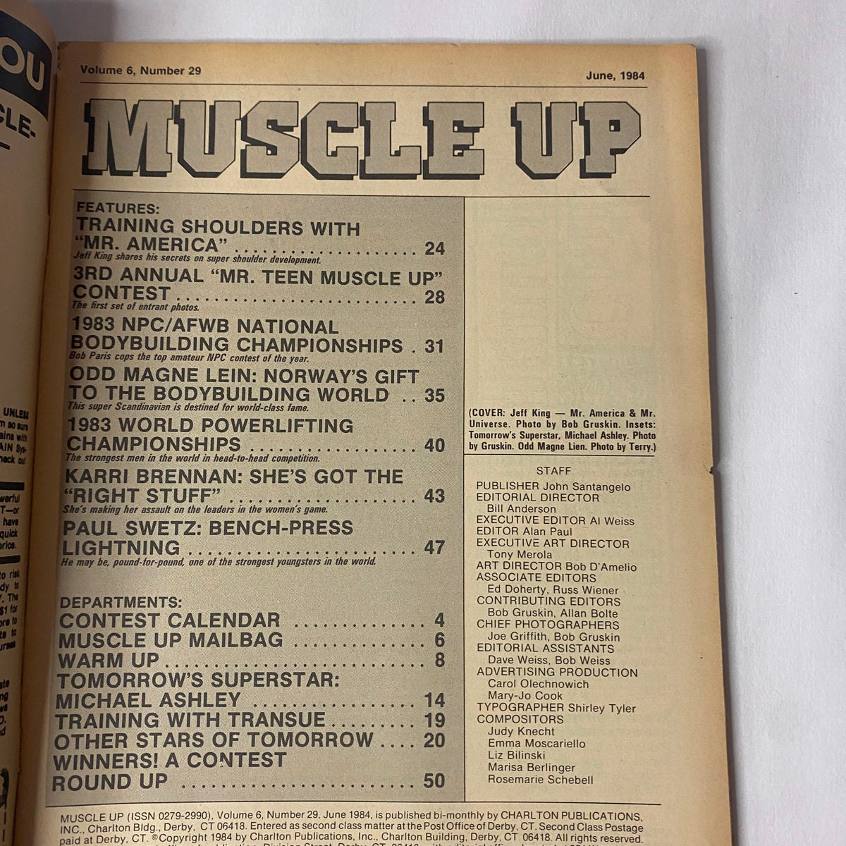 Table of contents from Muscle Up Magazine June 1984 Vol. 6 No. 29, featuring articles on bodybuilding and training highlights including Jeff King's training secrets.
