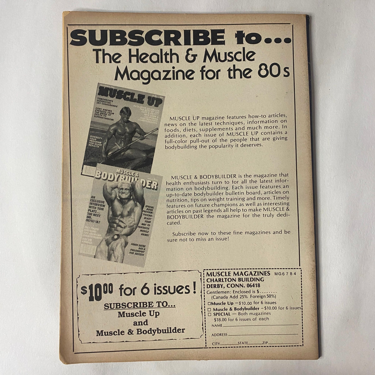 Subscription page for Muscle Up Magazine and bodybuilding publications from the 1980s, featured in June 1984 issue Vol. 6 No. 29.
