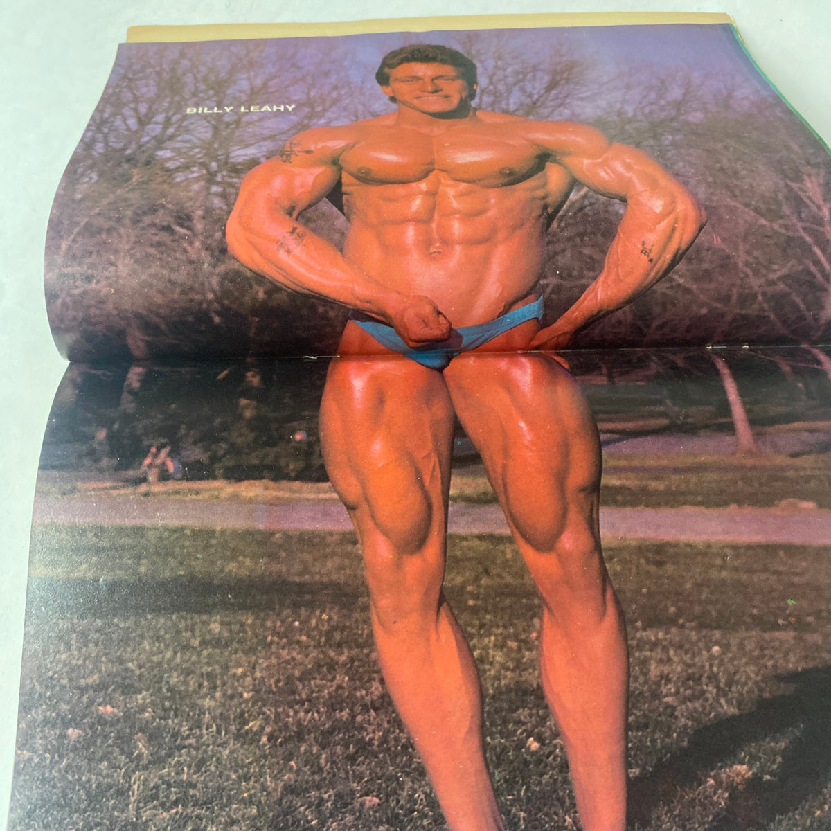 Muscle Up Magazine Spring 1985 Vol 7 No 32 featuring Billy Leahy posing with impressive muscular physique in a park setting. A full-color centerfold showcasing his well-defined muscles.