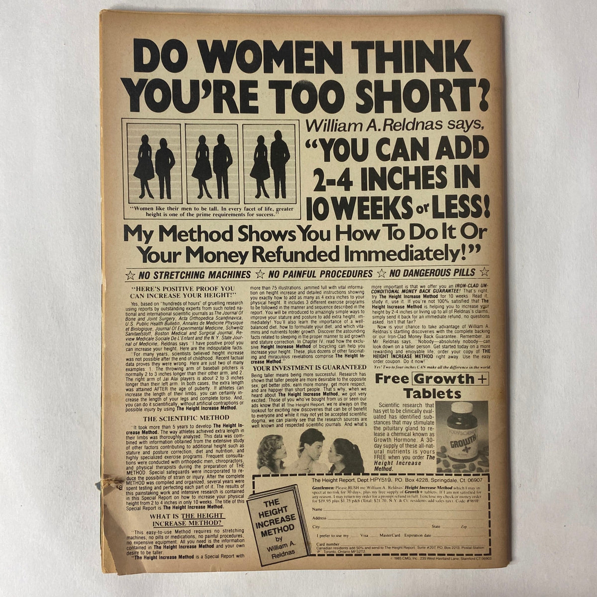 Advertisement from Muscle Up Magazine Fall 1985 featuring a bold claim about height increase, attributed to William A. Reldnas, part of the issue with John Hnatyschak and Kerrie Keenan.