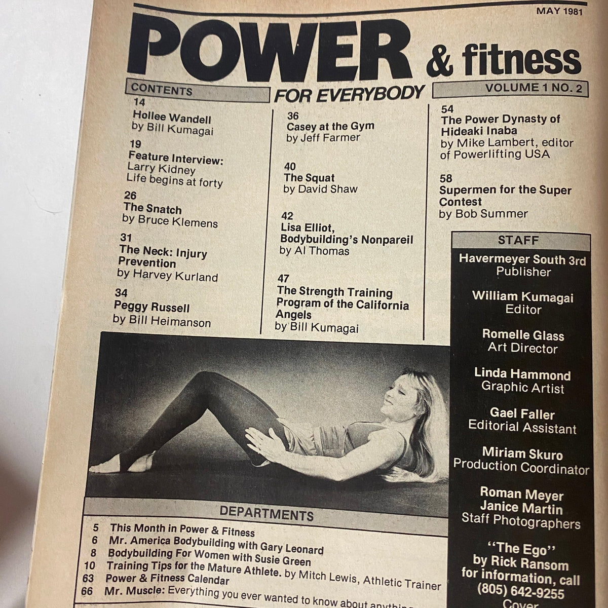 Cover page of Power & Fitness for Everybody May 1981 Vol 1 No 2, featuring the table of contents and contributors including Larry Kidney and Hollee Wandell.