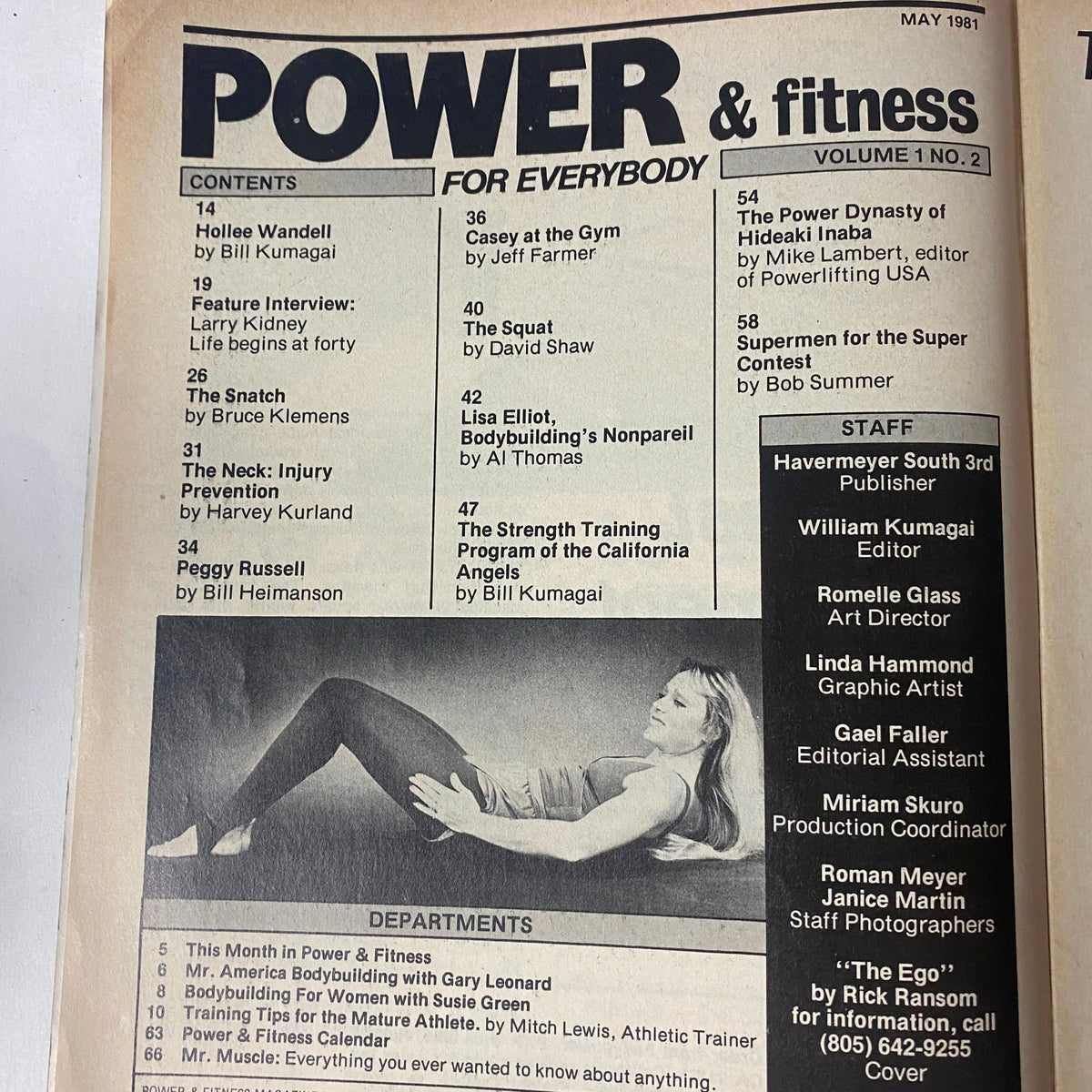 Contents page of 'Power & Fitness for Everybody' May 1981. The page lists features like Hollee Wandell by Bill Kumagai, and articles on fitness including injury prevention and training tips.