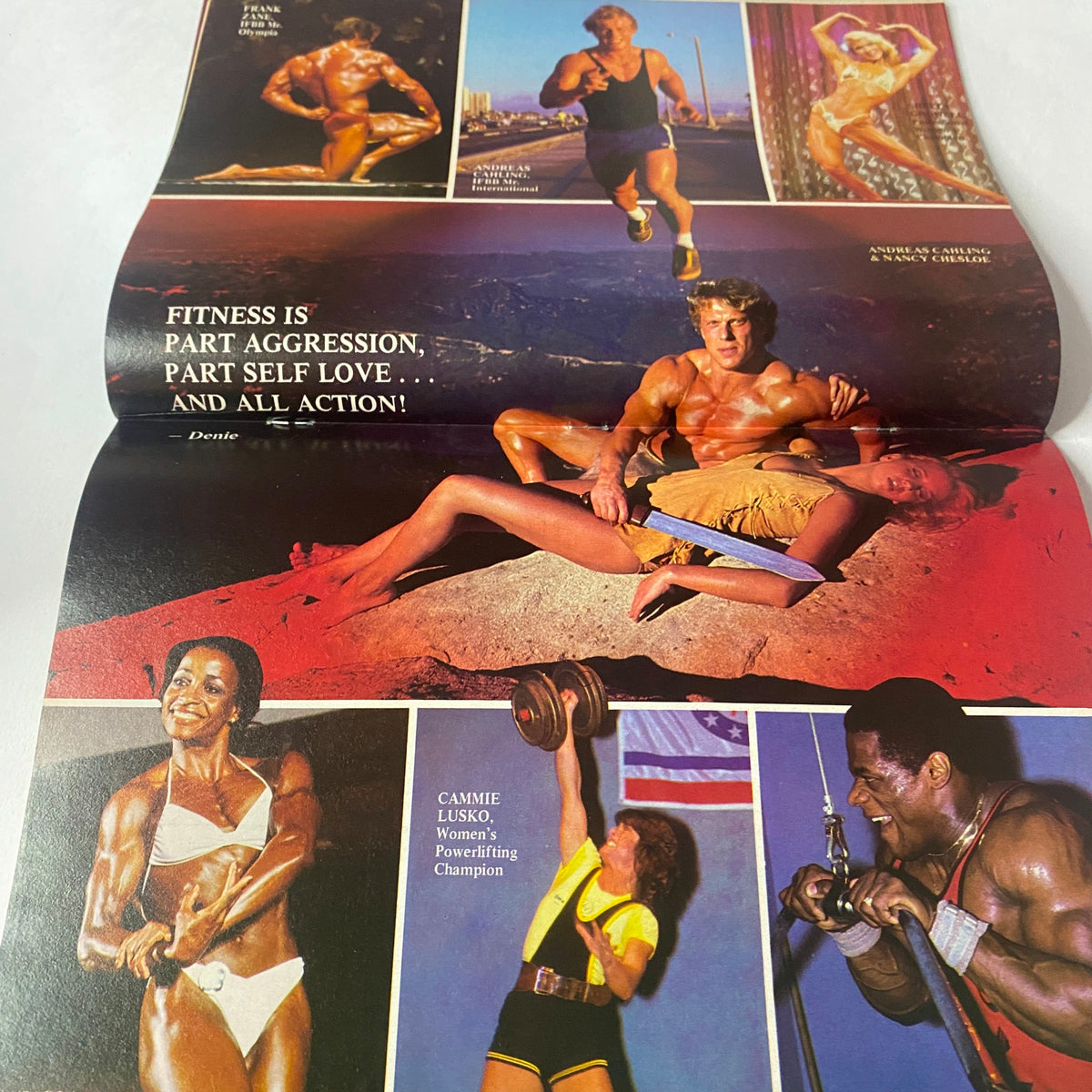 Centerfold from MTI's Fitness and Nutrition Reports Winter 1982 displaying fitness themes and bodybuilders, emphasizing the idea that 'Fitness is part aggression, part self love... and all action!'