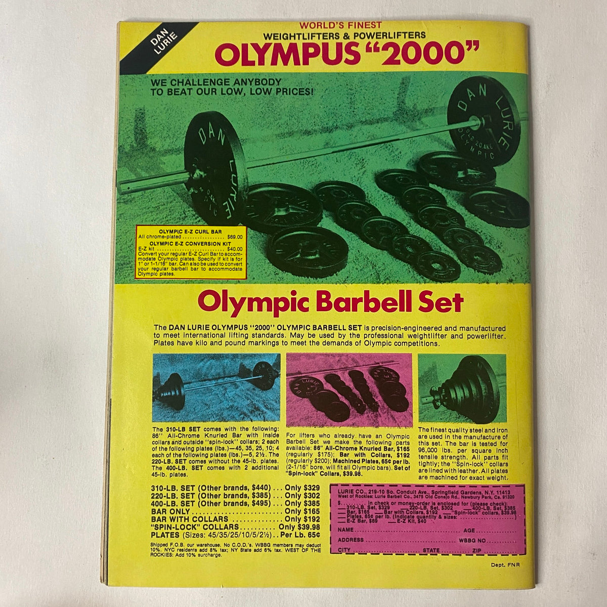 Advertisement from MTI's Fitness and Nutrition Reports Winter 1982 promoting the Dan Lurie Olympus '2000' Olympic Barbell Set, showcasing prices and features.