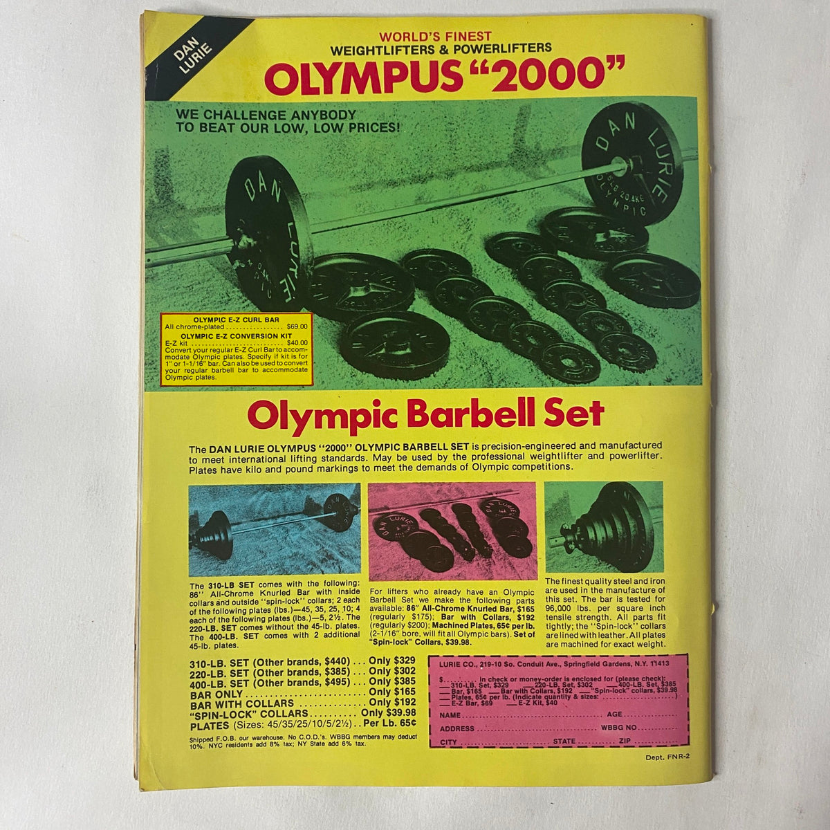 Advertisement for Dan Lurie Olympic Barbell Set in Fitness and Nutrition Reports Summer-Fall 1983, promoting weightlifting equipment.