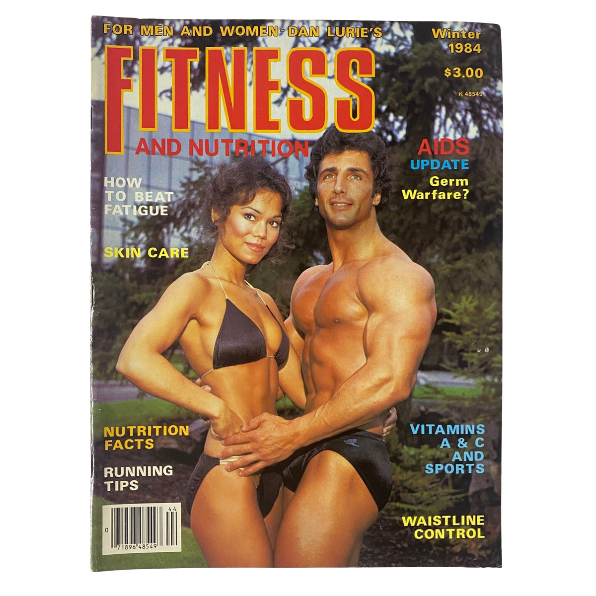 Fitness and Nutrition Magazine Winter 1984 featuring a couple in fitness attire on the cover, emphasizing health topics like fatigue management, skin care, and nutritional facts, with Sam Capelouto highlighted.