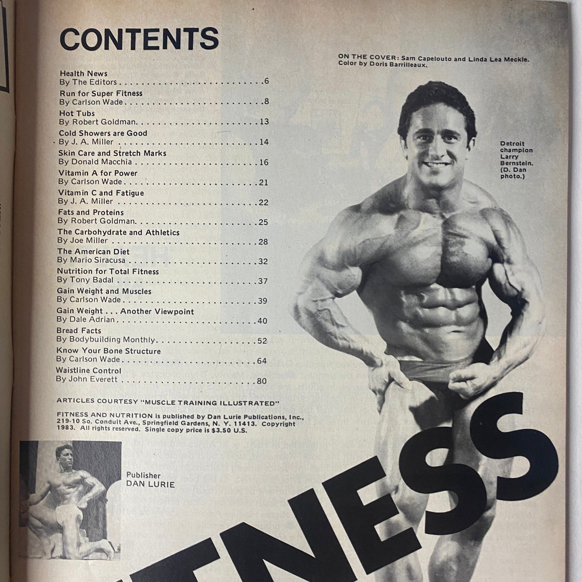 Contents page of Fitness and Nutrition Magazine Winter 1984 featuring an image of Sam Capelouto, highlighting articles on fitness and health.